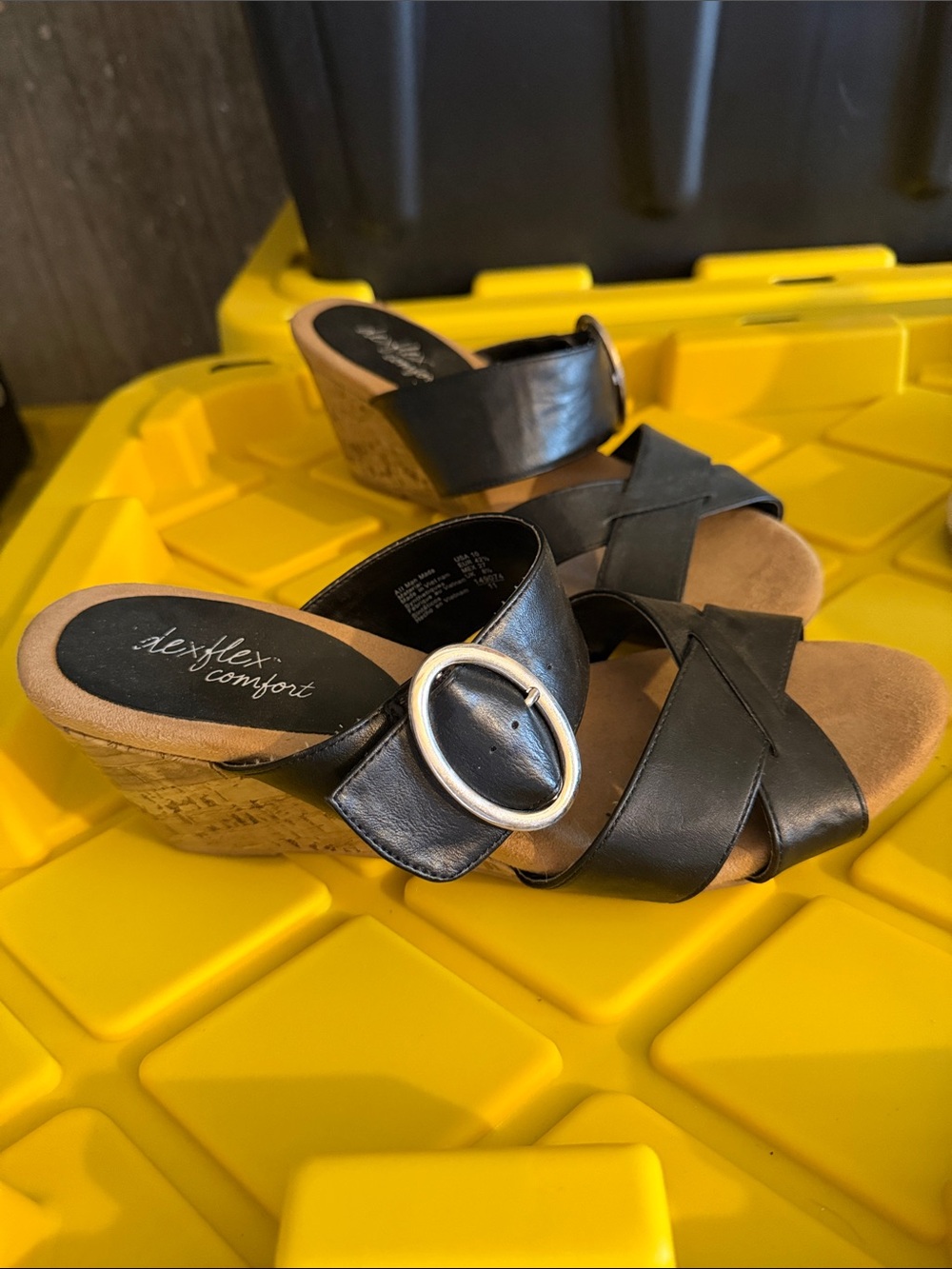 dexflex comfort Black Cork Wedge Slide Sandals with Silver Buckle